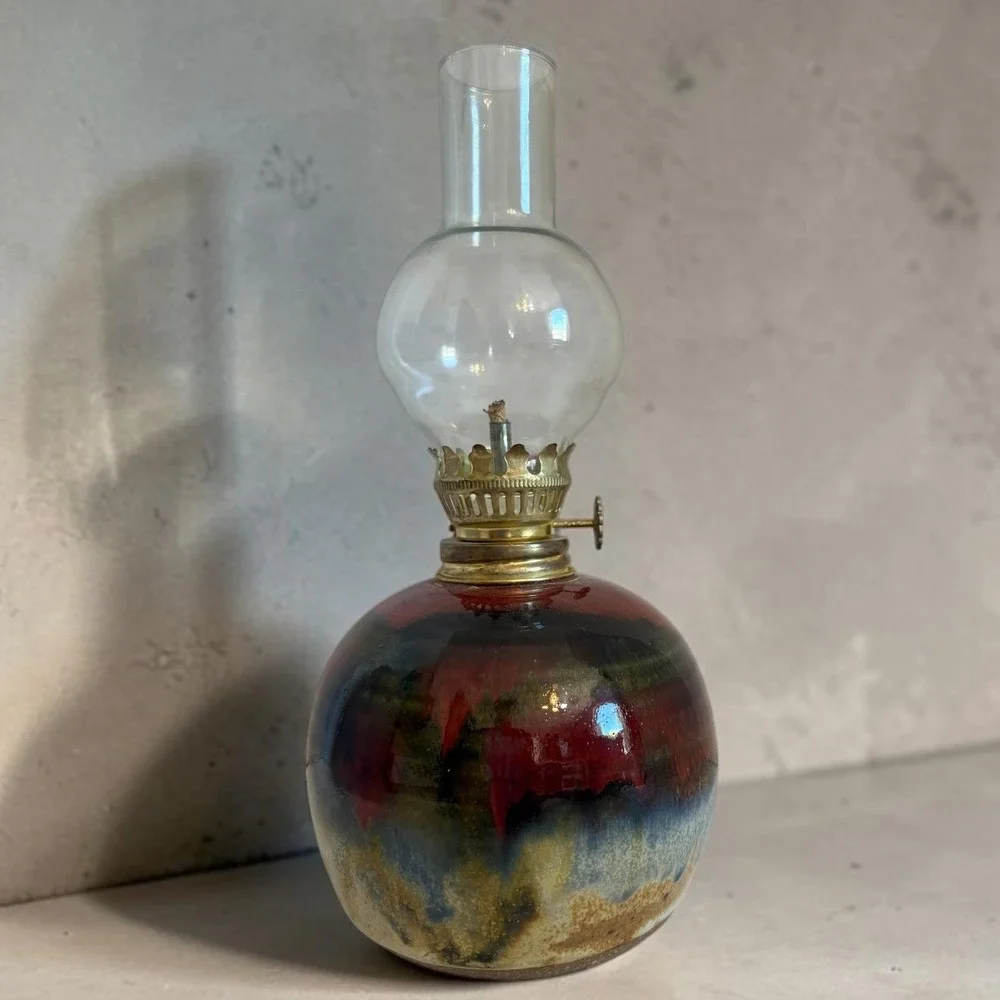 Ayers 2000 Signed Studio Pottery Oil Lamp Red Blue Drip Glaze Ceramic 9 Inch